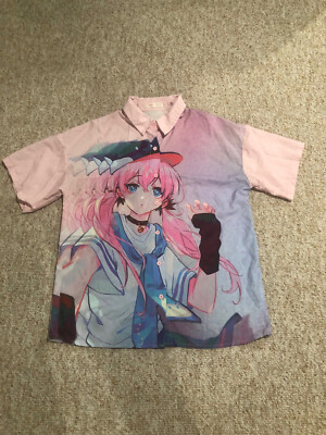 Romwe Anime Character Button Up Shirt Short Sleeve Collar Pink