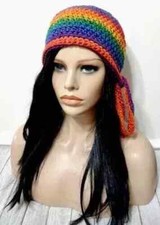 crochet handmade womans biker skull hat beanie chemo rainbow calypso
