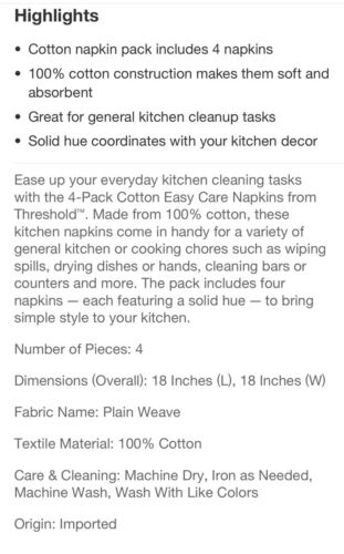 Threshold Cloth 100% Cotton Napkins 4-pack 18” x 18” white Easy Care Dining - Picture 2 of 6