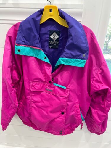 Vintage Columbia Woman's Fushia, Pink Windbreaker M Full Zip Teal accents