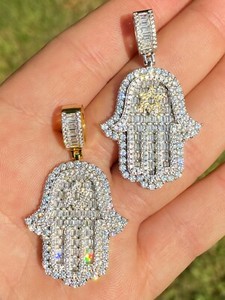 Authentic Real 925 Silver 14k Gold Plated Hip Hop Hamsa Hand Star Of David Pendant Iced CZ
