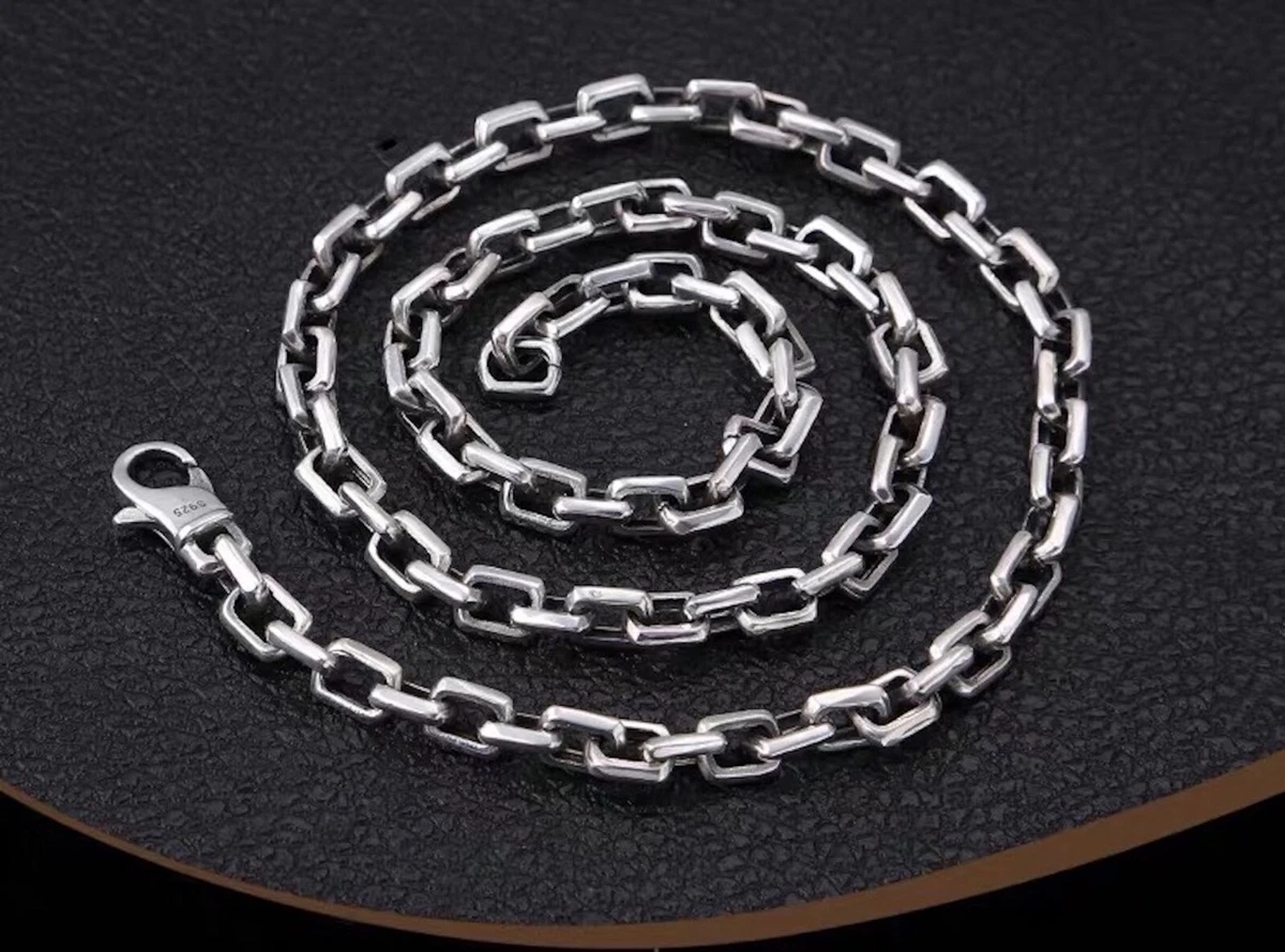 Solid 925 Sterling Silver Mens Heavy Square Iron Chain Clasp Necklace