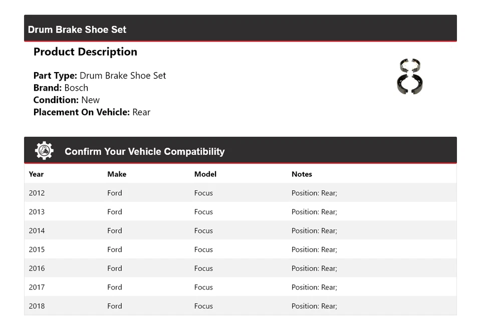 Para 2012-2018 Ford Focus Bosch conjunto de sapata de freio a tambor traseira 2013 2014 2015 2016 2017 - Imagem 2 de 4
