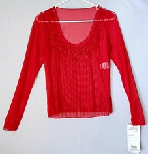 Shirley of Hollywood Lingerie Long Sleeves Sz M Red Beaded Seethrough Tops...