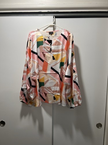 Xpluswear Design Plus Size Casual Pink Geometric Round Neck Lantern Sleeve top - Picture 6 of 16