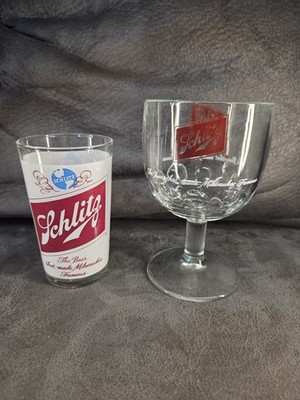 Vintage Schlitz Beer Glass Lot Stemmed Goblet Chalice and Small Tumbler...