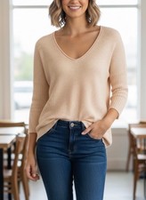 St. John 100 Wool yellow/beige V Neck 3/4 sleeve knit sweater size medium