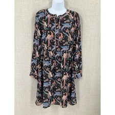 LOFT Fit Flare Dress Womens 6 Black Bird Floral Long Sleeve Classic Whimsical