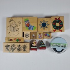 Lot of 13 Christmas Rubber Stamps Wood Mounted Holiday Snowman Wreath