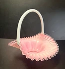Vtg Fenton Decorative Glass Basket Pink Opalescent w Applied Handle Sliver Crest