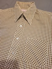 Vtg 70s ButtonUp Shirt MED Getaway Arrow Men V Taper Neck 15 Brown Check Disco