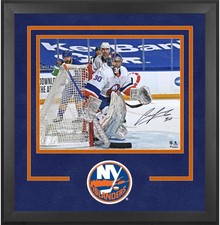 Ilya Sorokin New York Islanders Framed Signed 16x20 White Jersey in Net Photo