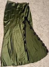 Victoria Secret Lingerie Slip Skirt XL Green Black Satin Lace-Trim High Slit New