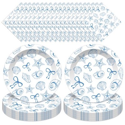 60PCS Blue Bow Seashell Tableware Kit 7'' Under The Sea Dinner Plates Ocean De...