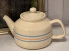McCoy 1098 Ceramic Teapot 4 1/2 qt Beige Striped w/ Lid Handles 1940s