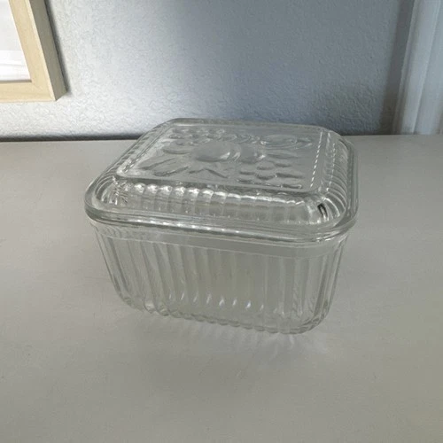 Vtg Small Clear Glass Ribbed Depression Embossed Fruit Lid Refrigerator Dish 5”
