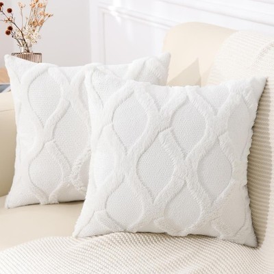 Spring Throw Pillow Covers 18x18 Inch Set of 2 Soft Plush Faux Fur Wool Cream