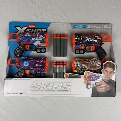 ZURU X-Shot Skins Menace 4 Pack Foam Dart Blasters 24 Darts New Sealed Box