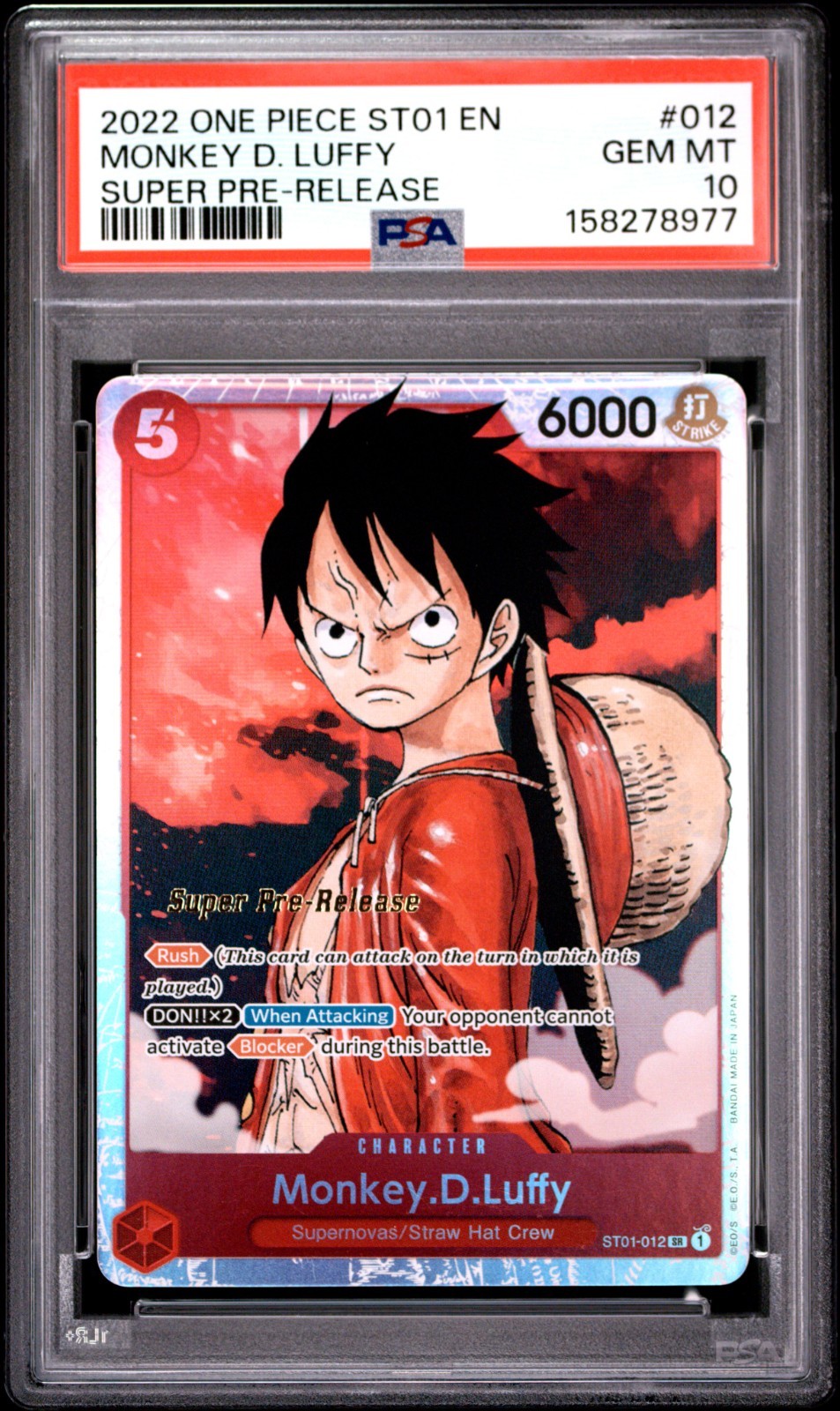 One Piece EN Monkey D Luffy Super Pre Release #012 PSA 10 GEM MINT