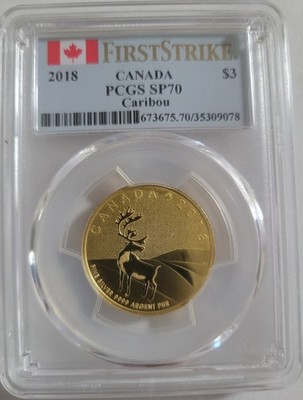 2018 FIRST STRIKE CANADA $3 PCGS SP70 Caribou Coin. 35309078 (gold color toning)