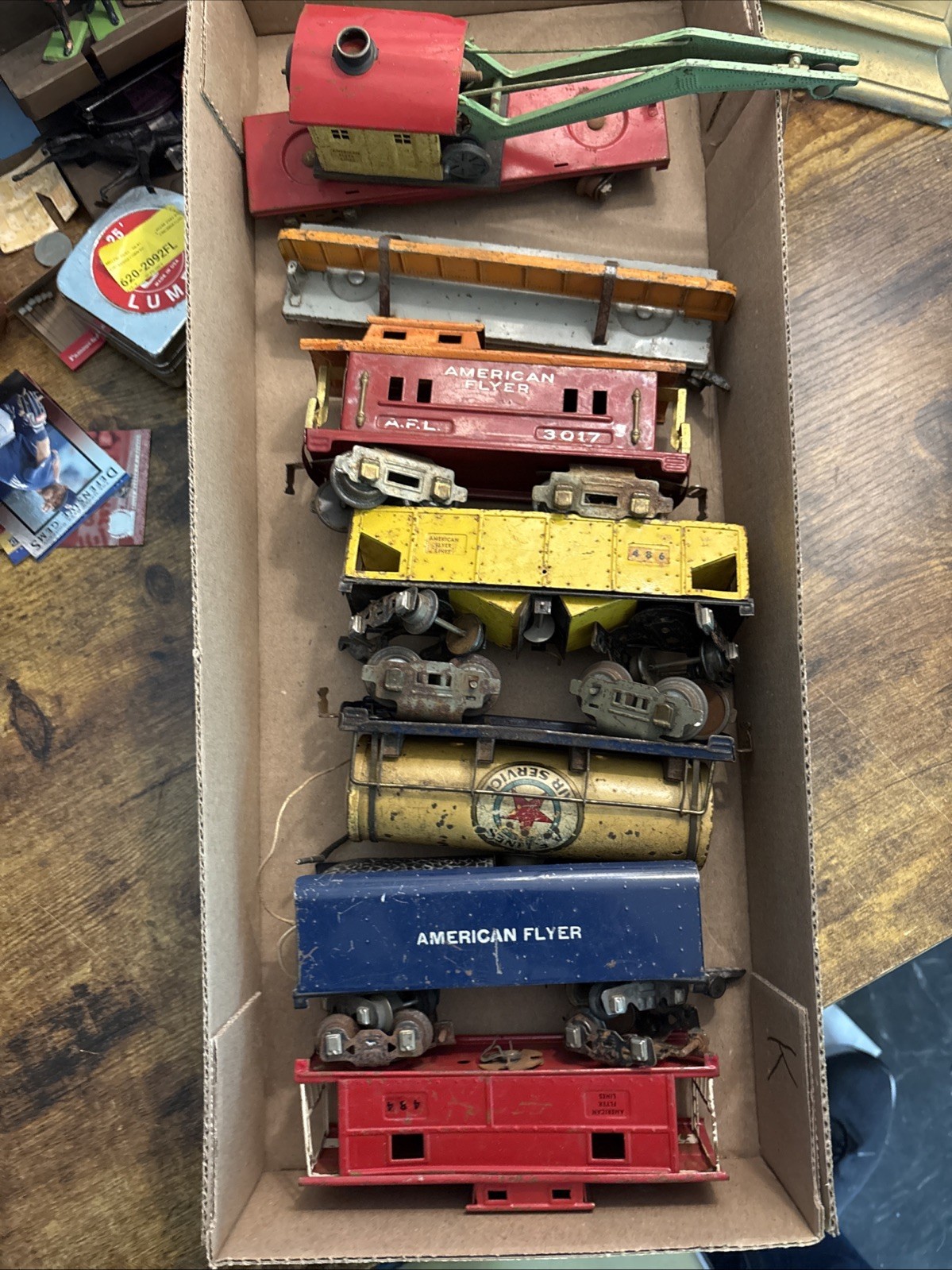 Lot Of 7 Vintage American Flyer S Gauge train Cars. AS-is. Tanker, Crane Car,