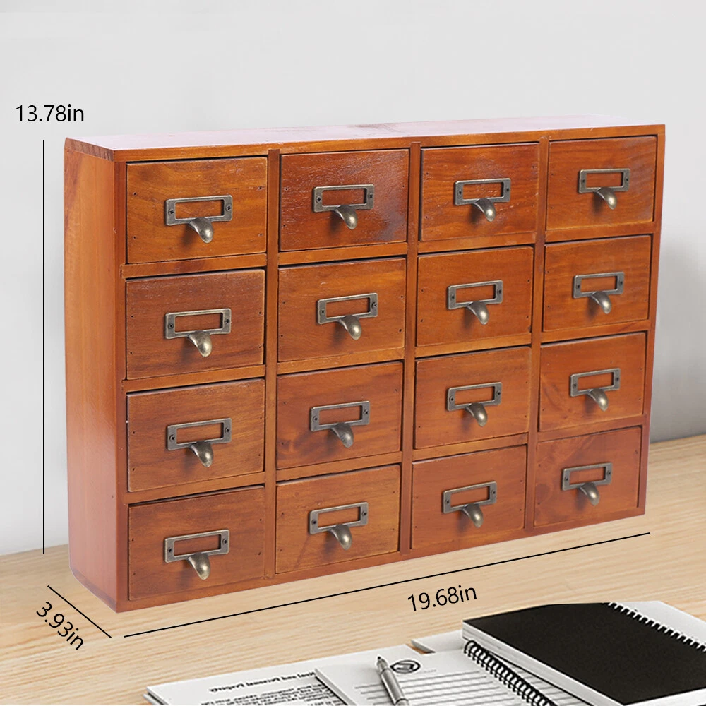 16 Drawers Mini Box Rustic Wooden Trinket Storage Cabinet Desk Makeup  Organizer