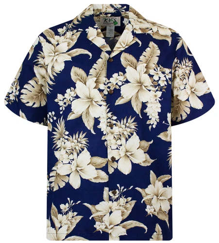 KY's Original Hawaiian Shirt Golden Brown Flower Blue