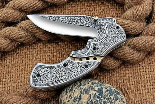 custom handmade antique D2 steel hand engraved folding pocket knife with sheath - Image 2 of 4