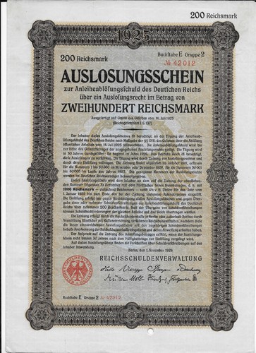 GERMANIA 200 RICHSMARK 1925 UNC 42012, CON FRANCOBOLLO SU ENTRAMBI I LATI, PIEGATO, EMISSIONE OBBLIGAZIONARIA - Foto 1 di 2