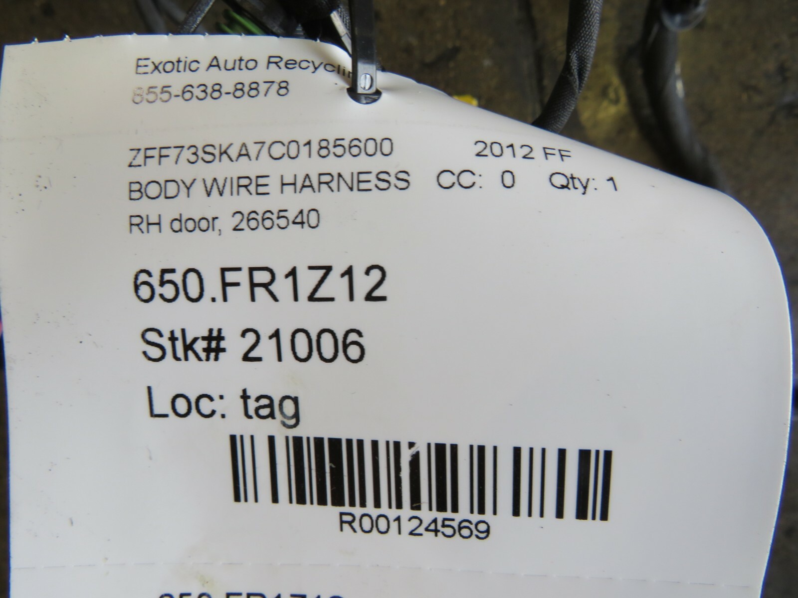 Ferrari FF, RH, Right, Door Wire Harness, Used, P/N 266540
