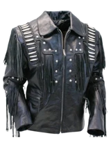 Men Western Cowboy Fringe Jacket Beaded Native American Real Leather Jacket