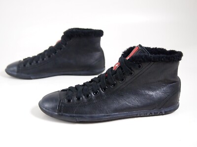 Prada High Top Sneakers Black Leather Fur Trim Womens Shoe Size EU