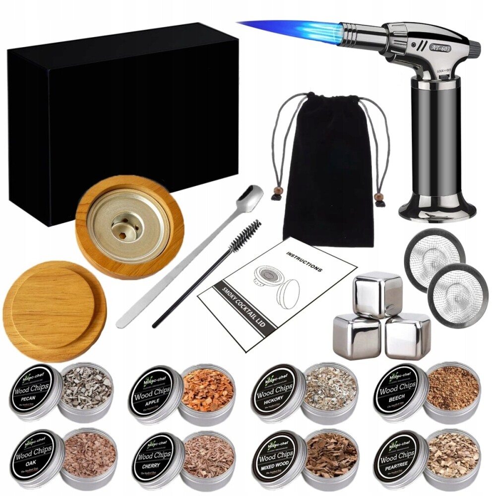 Cocktail Smoker Set mit Taschenlampe & 8 Holzspäne Aromen, Whisky Smoker Set DHL