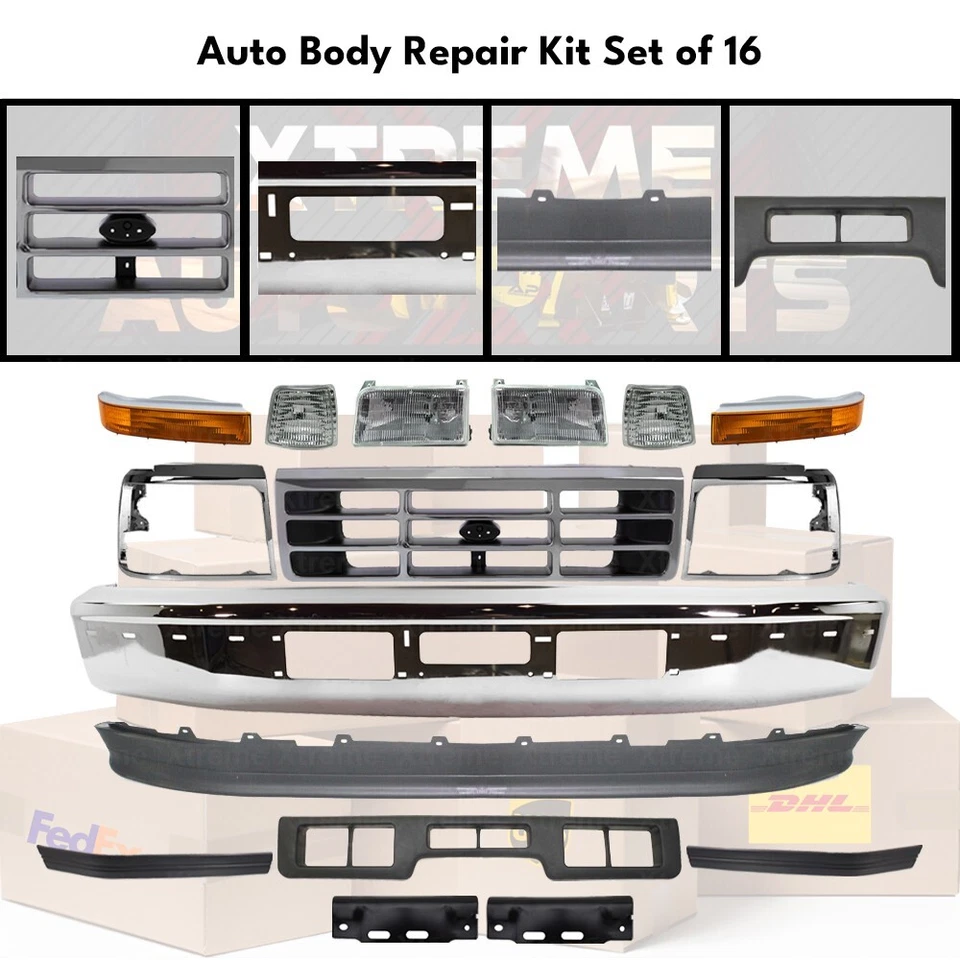 Front Bumper Chrome Steel & Headlight Kit For 1992-1996 Ford F-150 F-250 F-350 Foto 2 de 4