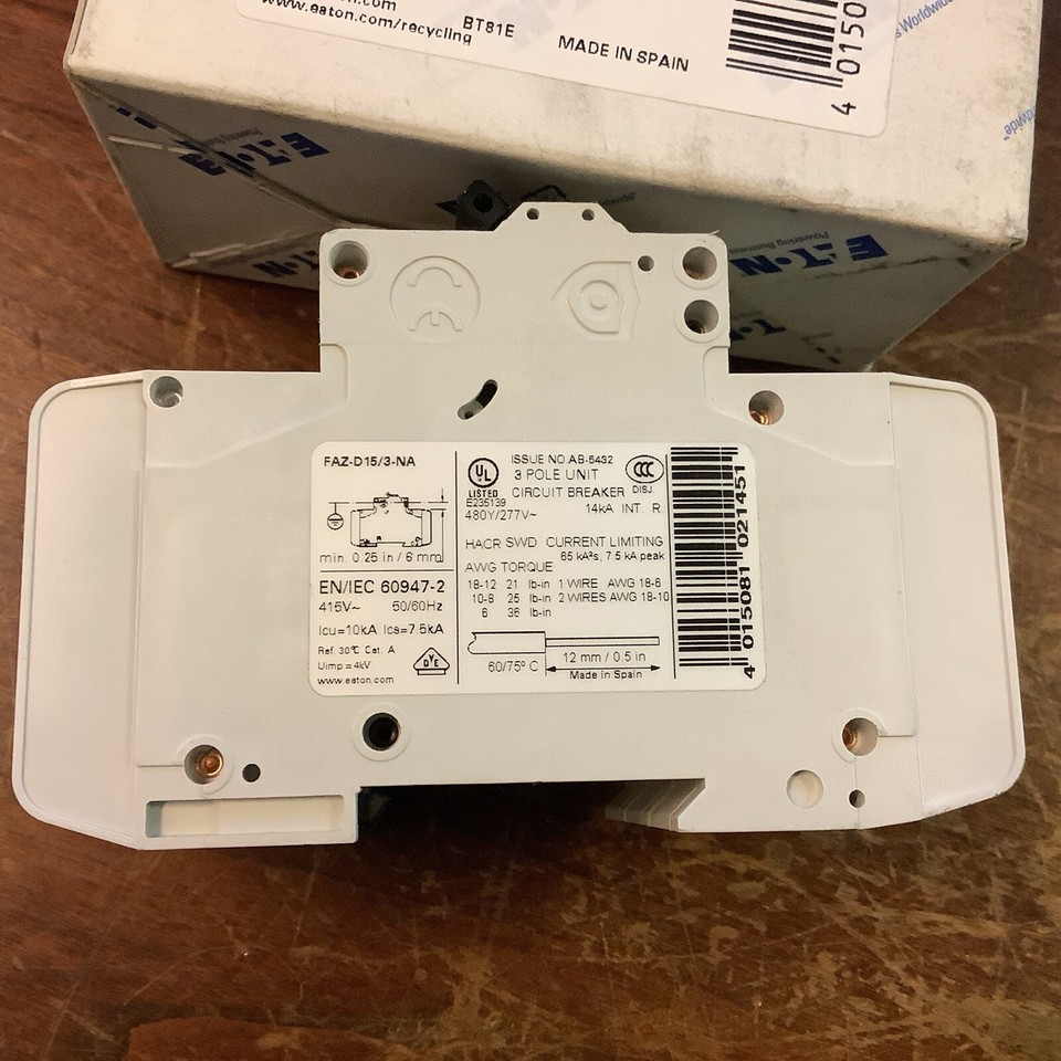 Disjoncteur Eaton FAZ-C0,5/3-NA 0.5A 3 Pôles 277/480V - Neuf En Boîte Pour Rail DIN