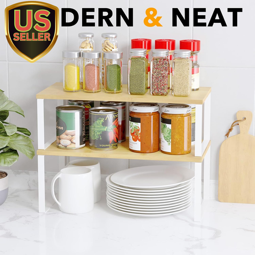 Cabinet Shelf Organizers 2 Pack, Kitchen Counter Rack Shelves Riser, Stackabl...