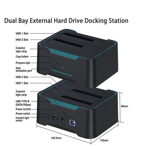 Dual Bay External Hard Drive Docking Station for HDD/SSD hard drive enclosure 5G - Afbeelding 6 van 6