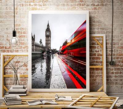 Fine Art London Bild | Westminster Druck eines Londoner Busses am Big Ben - Home