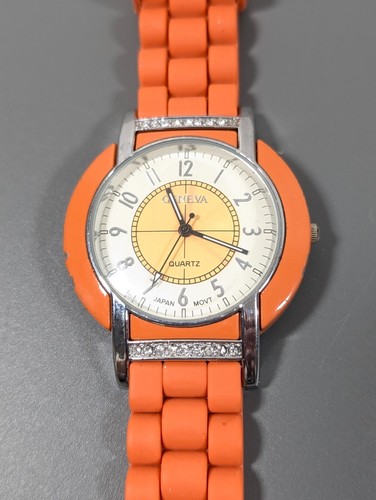 Geneva Damen Orange Jelly Band Uhr Kristall Akzent Silikon Gummi Neue Batterie