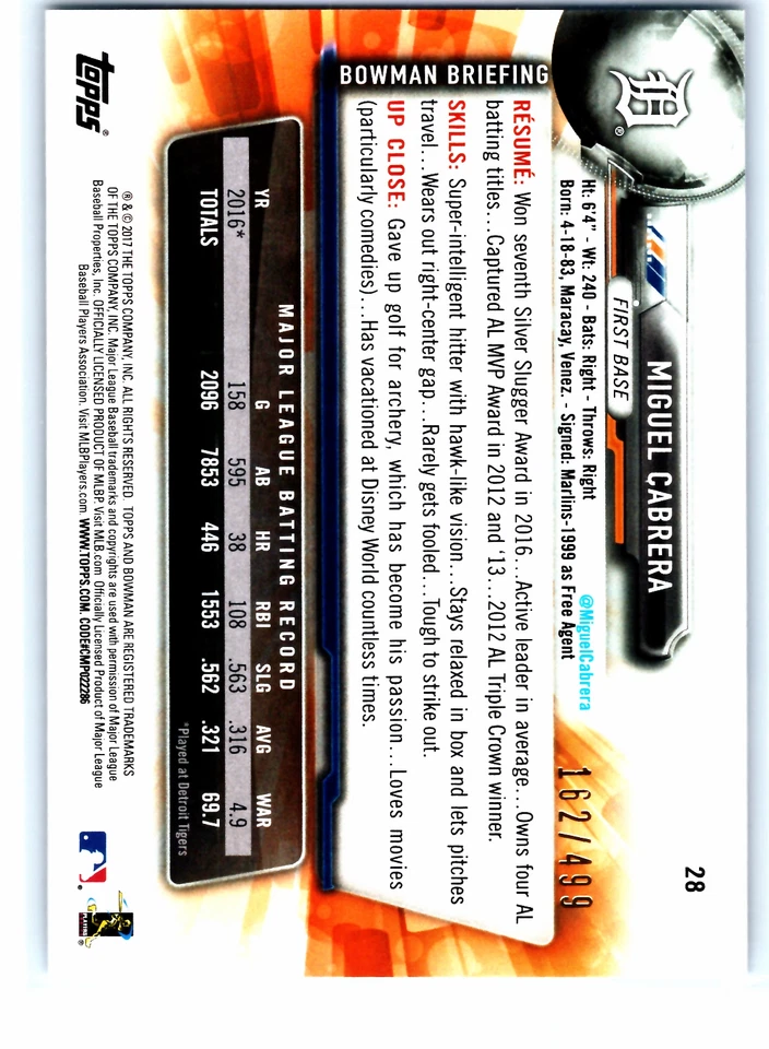 2017 Bowman Silver #28 Miguel Cabrera /499 - Image 2 of 2