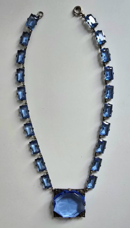 Vtg Antique Art Deco Czech Vauxhall Blue Faceted Glass Necklace Collette 1920's