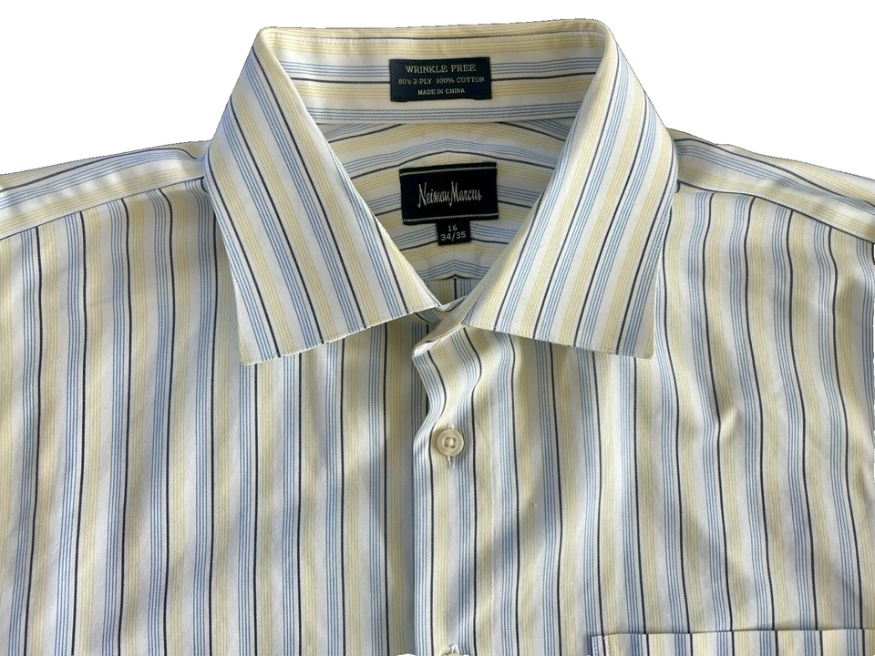 Camisa de Vestir Neiman Marcus 16 34/35 Azul Amarillo Blanco Rayas Algodón Sin Arrugas Foto 3 de 4