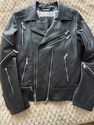 Philipp Plein Men's Black Sheepskin Biker Jacket Zipper Logo Accents L