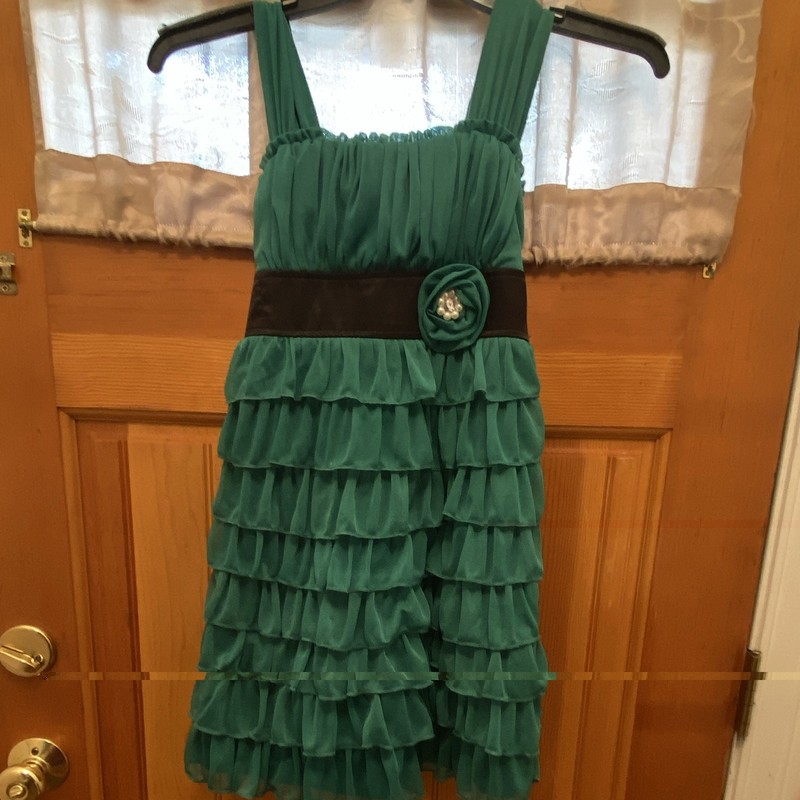 Sequin Hearts Girls 9-10Y Green/Black Sleeveless Ruffle Bow Knee Dress