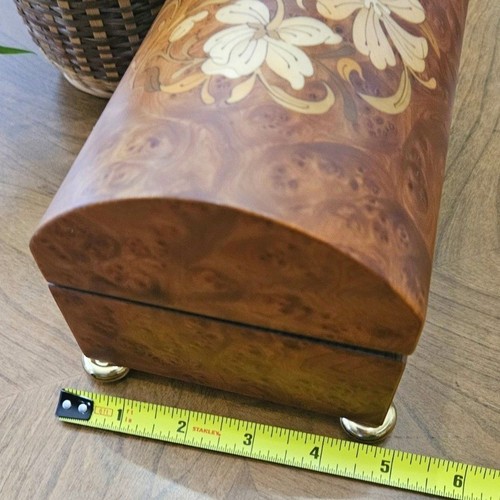 Vtg Italian Elm Burl Inlaid Music Box Floral Marquetry Dome Lid Reuge Italy - Picture 10 of 12