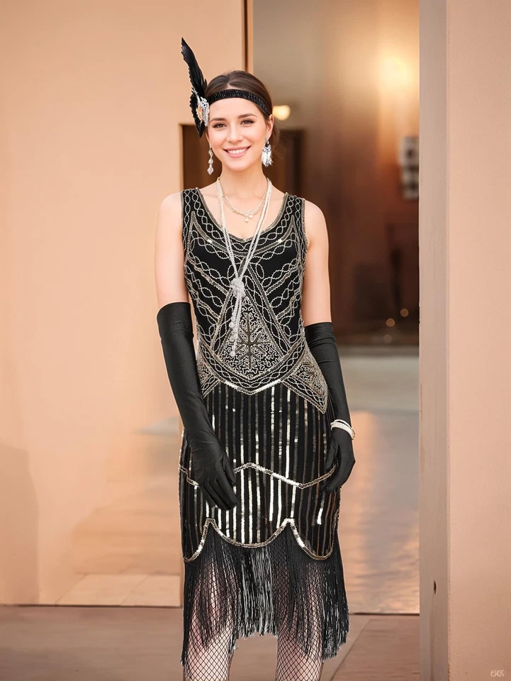 Vestido Gatsby años 20 lentejuelas flecos cachemir aleta con conjunto de accesorios años 20 (X... Foto 2 de 4