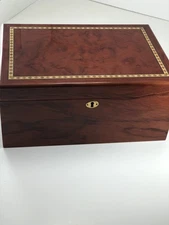 Lacquered Brown Wood Decorative Wood Inlay Border Cigar Humidor Box Mahogany