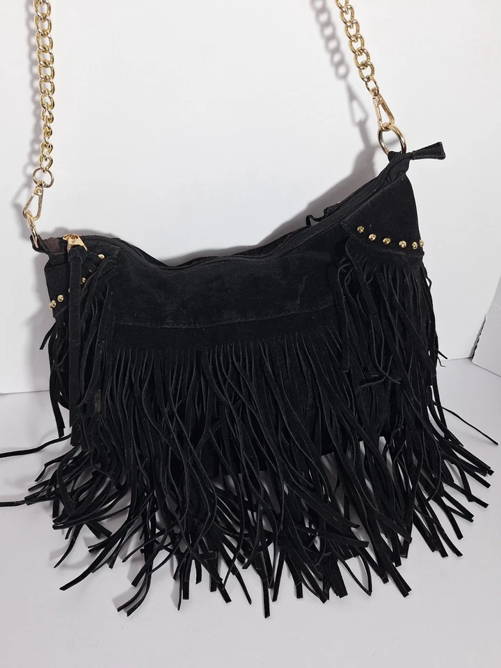 Bandolera Hobo Bolso de Mano Cartera Correa de Cadena Negro Occidental de Gamuza Sintética para Mujer Foto 3 de 4