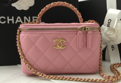 New CHANEL 22K Vanity Case Top Gold CHAIN Handle Barbie Pink