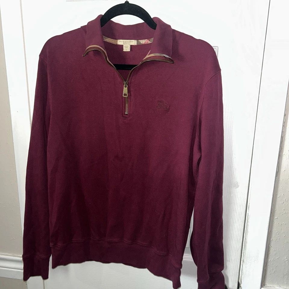 Burberry Maroon Long Sleeve Quarter Zip Preppy Casual Pullover Sweater Medium Foto 2 de 4